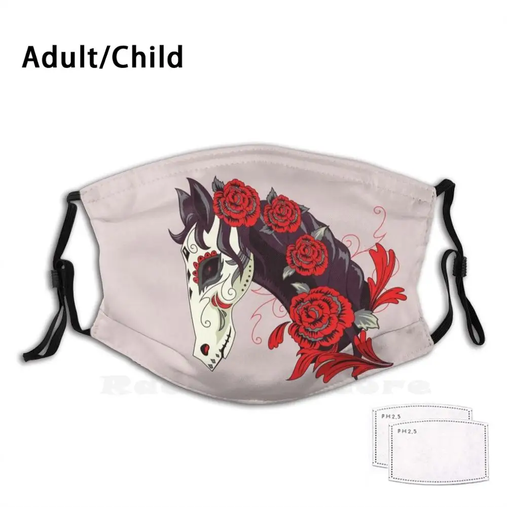 

Моющаяся маска для рта с рисунком сахарного черепа лошади, Пылезащитная маска для рта, цветочные розы и цветы