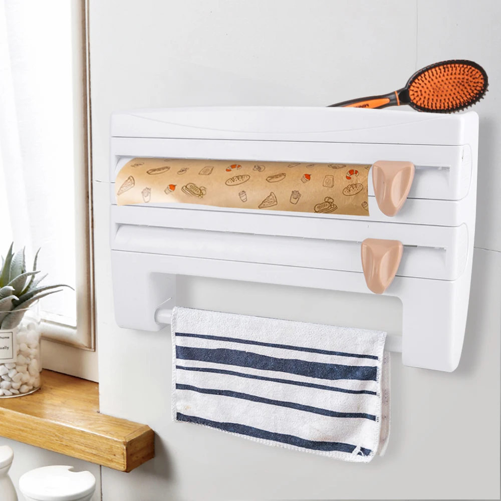 

4 In 1 Kitchen Organizer Paper Towel Holder Cling Film Cutting Sauce Bottle Tin Foil Storage Rack Shelf