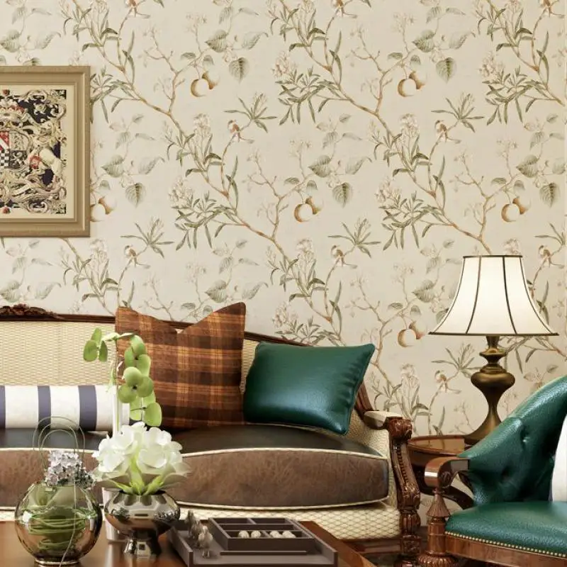 Нетканые обои в американском стиле деревенские пасторальные с зелеными цветами