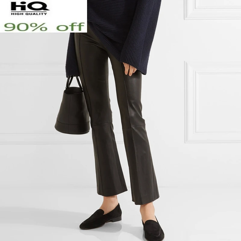 

High Quality 100% Sheepskin Leather Pants Women Korean Flare Pants Spring Autumn Women's Trousers 2022 Femme Pantalon Pph2881