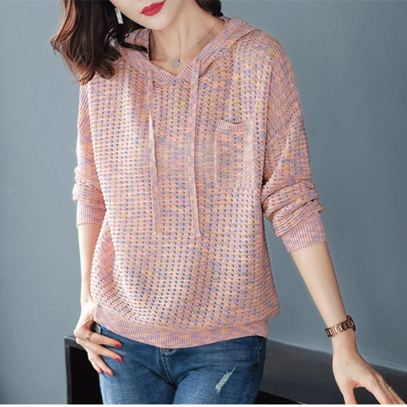 Женский пуловер с капюшоном повседневный ажурный джемпер длинными рукавами