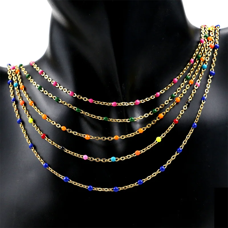 Width2mm Нержавеющая сталь кабель цепочка с эмалевой подвеской оптом синий/черный/белый/красный/фиолетовый звено цепи Цепочки и ожерелья материалы для самостоятельного изготовления украшений оптом