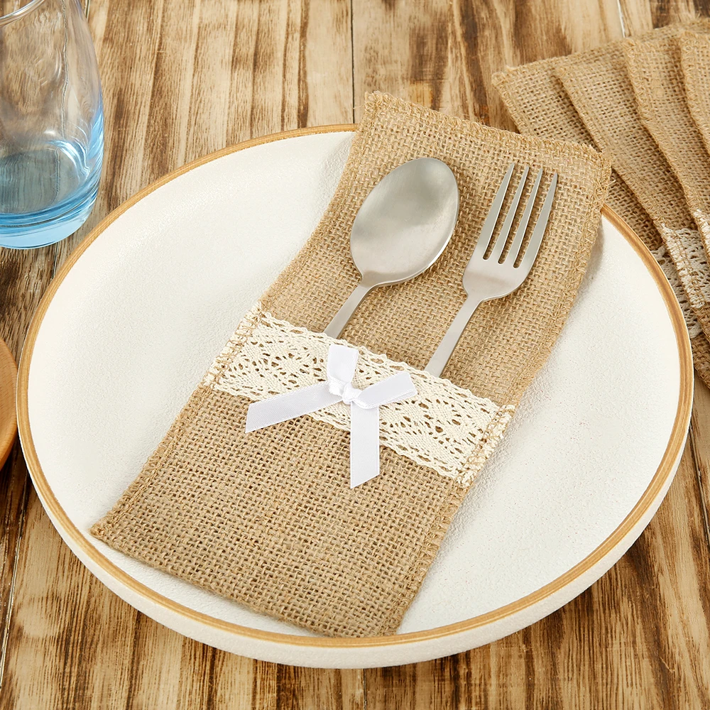 

20 Pcs/Set Burlap Lace Cutlery Pouch Rustic Wedding Tableware Knife Fork Holder Bag Hessian Jute Table Decoration Accessories