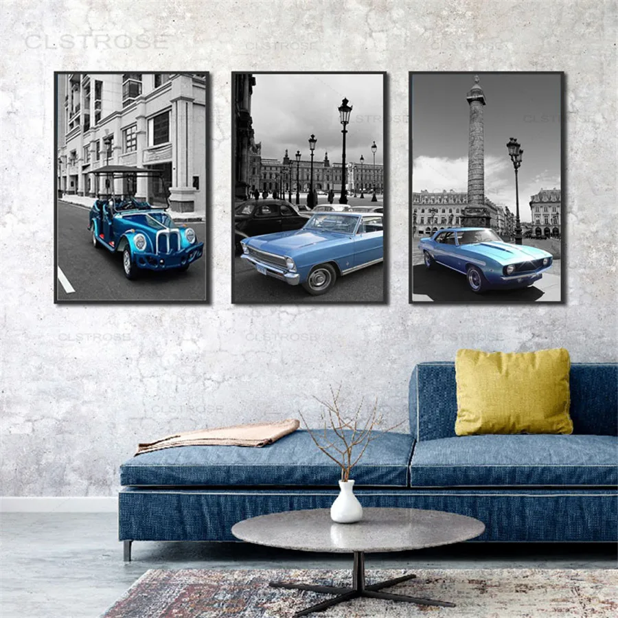 

Minimalist Canvas Painting Nordic Poster Black White Building Scenery Blue Car HD Printed Art Wall Pictures For Home Decoration