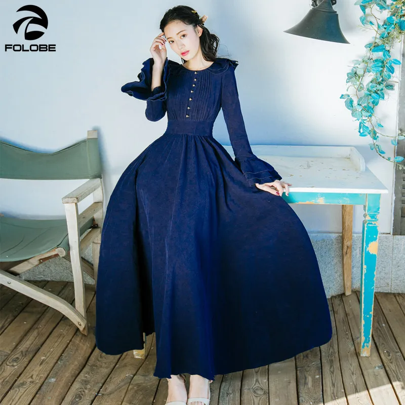 Autumn and Winter Retro Corduroy Flared Sleeve Dress Red Big Swing Holiday Long Skirt Was Thin Waist Temperament Fairy | Женская одежда