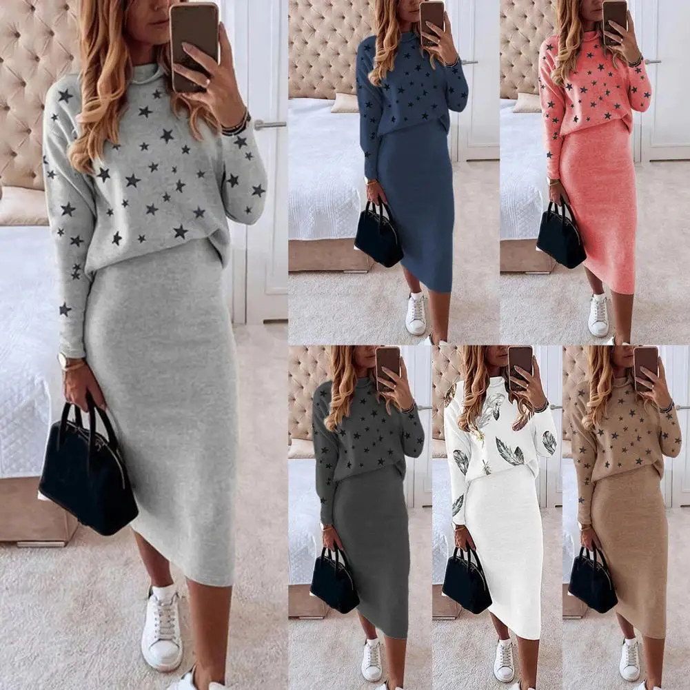 

1 Set Blouse Skirt Five-pointed Star Print High Waist Autumn Winter Bodycon Pencil Skirt Suit for Daily Wear