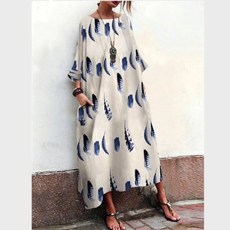 Повседневное осеннее свободное платье большого размера с принтом перьев|Женские