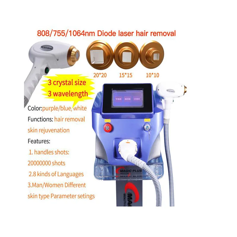 

3 Wavelength 755nm 808nm 1064nm Diode Laser Device Face and Body Hair Remover Permanent Painless Equipment