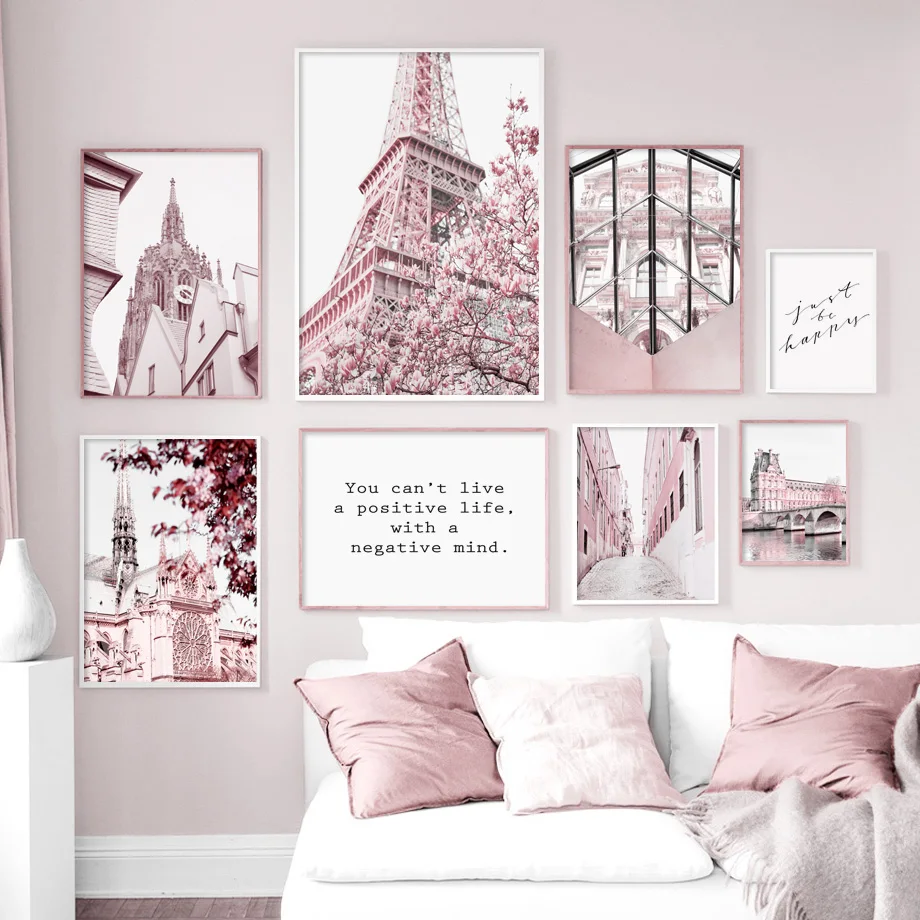 

Pink Paris Tower Big Ben Church Bridge Flower Art Canvas Painting Nordic Posters And Prints Wall Pictures For Living Room Decor