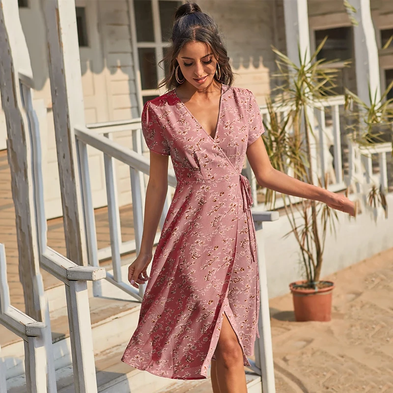 Ardm Élégant Col en V Imprimé Floral Dames De Bureau платье летнее женское2021 À Lacets Manches Courtes À Volants Doux Soirée Maxi Robe