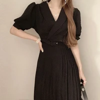 korean version of chic french dress elegant suit waist tie fashion puff sleeve pleated dress with belt four seasons dress long