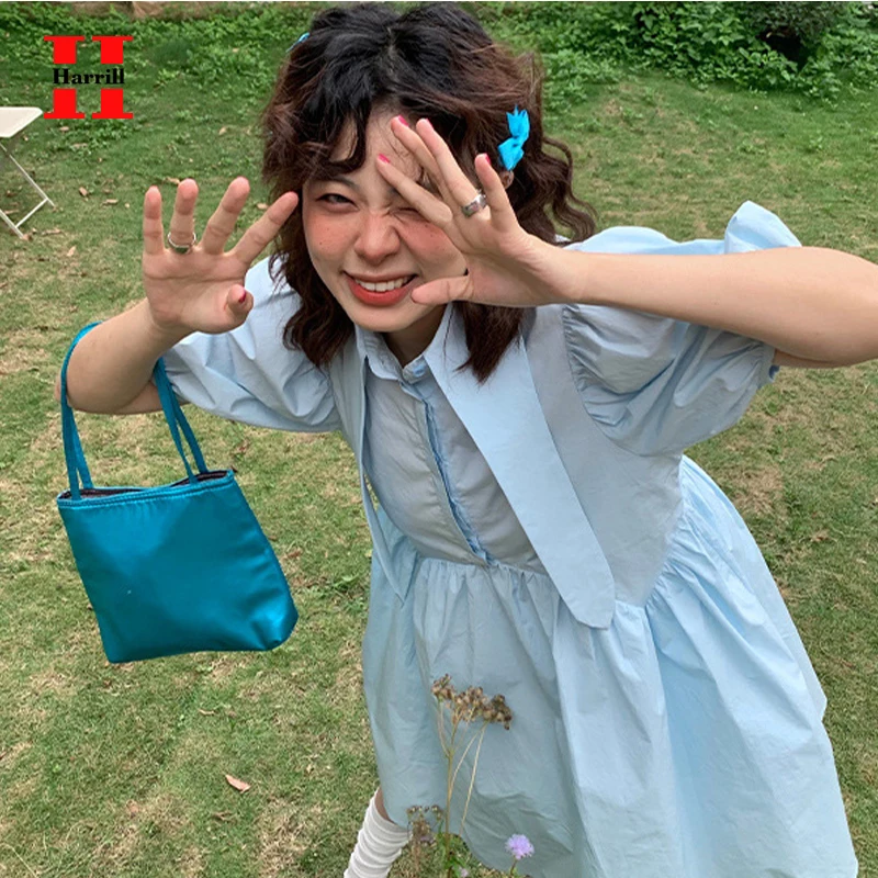 

Knee-Length Dresses Female Sweet Loose Dress Summer Women Clothes Solid Color Turn-down Collar Summer Dress Ladies Sundresses