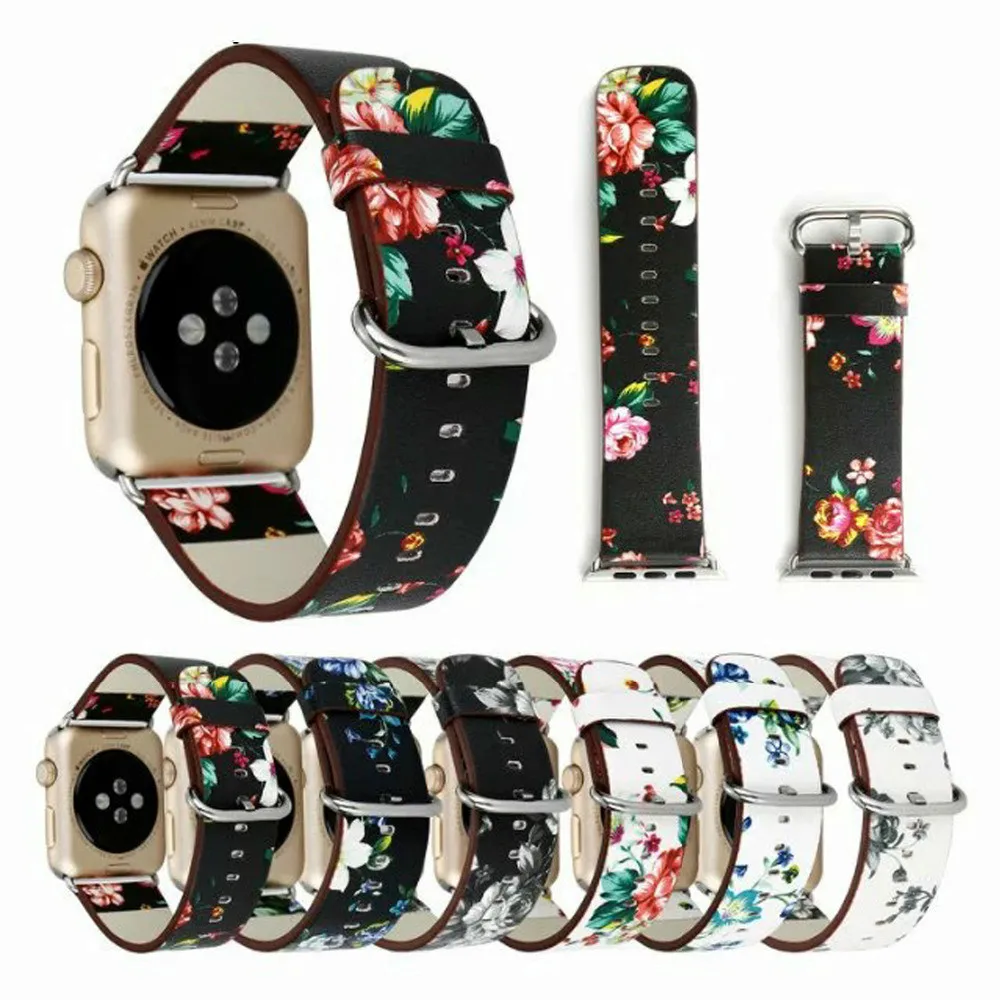 Кожаный ремешок для часов Apple Watch 44 мм 40 Iwatch 38 42 с цветочным принтом 5 4 3 мм|Ремешки