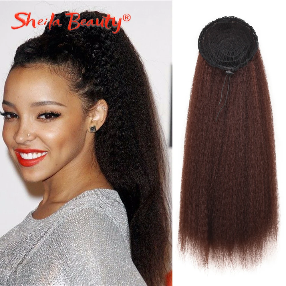 

Long Afro Puff Ponytail Hair Hair Extension Synthetic Yaki Kinky Straight Drawstring Ponytails With Clip Elastic Band