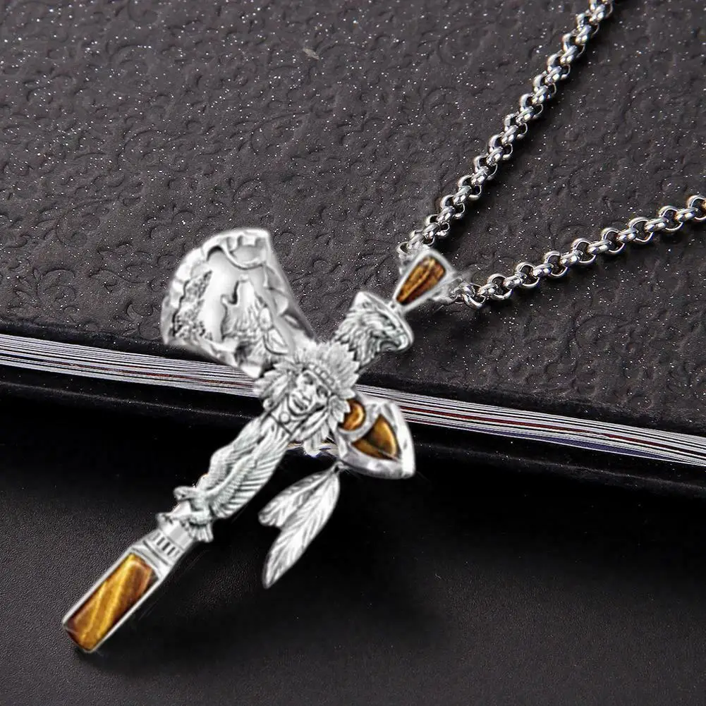 

Vintage Punk Cross Necklace Viking Eagle Wolf Ax Indians Alloy Pendant Necklace Women Men Hip Pop Street Style