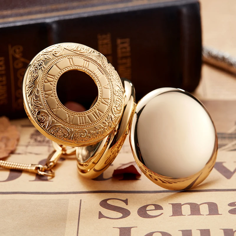 Roman Numeral Luxury Quality Copper Mechanical Pocket Watch Black Gold Steampunk Dual Open Skeleton Dial Fob Chain Clock for Men