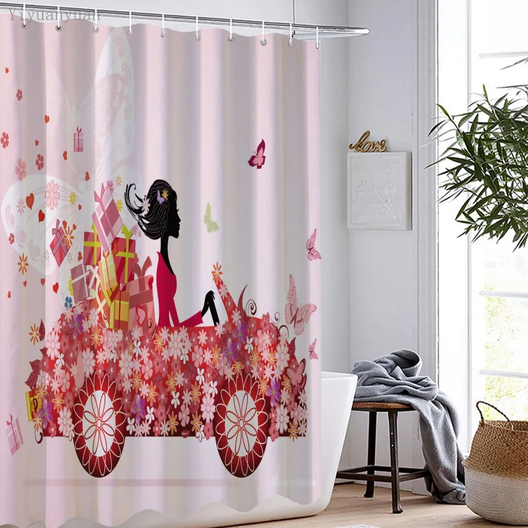 

Flower Fairy Bicycle Modern Girl Shower Curtains Bathroom Curtain Fabric Waterproof Polyester Bath Curtain with Hooks