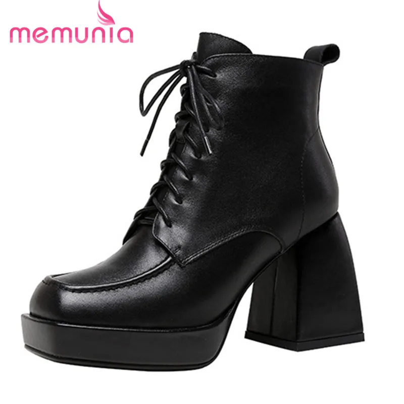 

MEMUNIA 2021 Hot Sale Vintage Shoes Ladies Genuine Leather Boots Zip Square Toe Rome High Heels Platform Shoes Women Ankle Boots