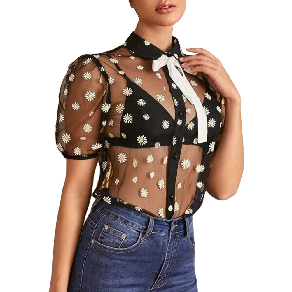 

WomenÂ´s Sexy Perspective Short Sleeve Shirt Sheer Button Down Shirt Long Sleeve Daisy Pattern Lapel See Through Chiffon Blouse