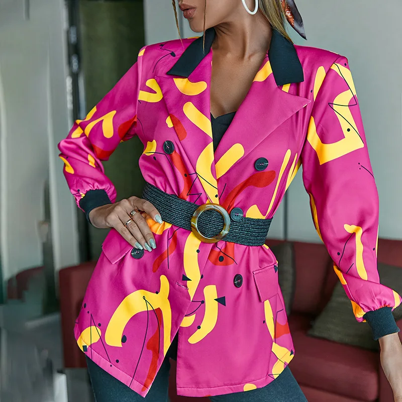 

Autumn and Winter High-waist Suit Collar Abstract Graffiti Color Temperament Commuter Double-breasted Printed Blazer (no belt)