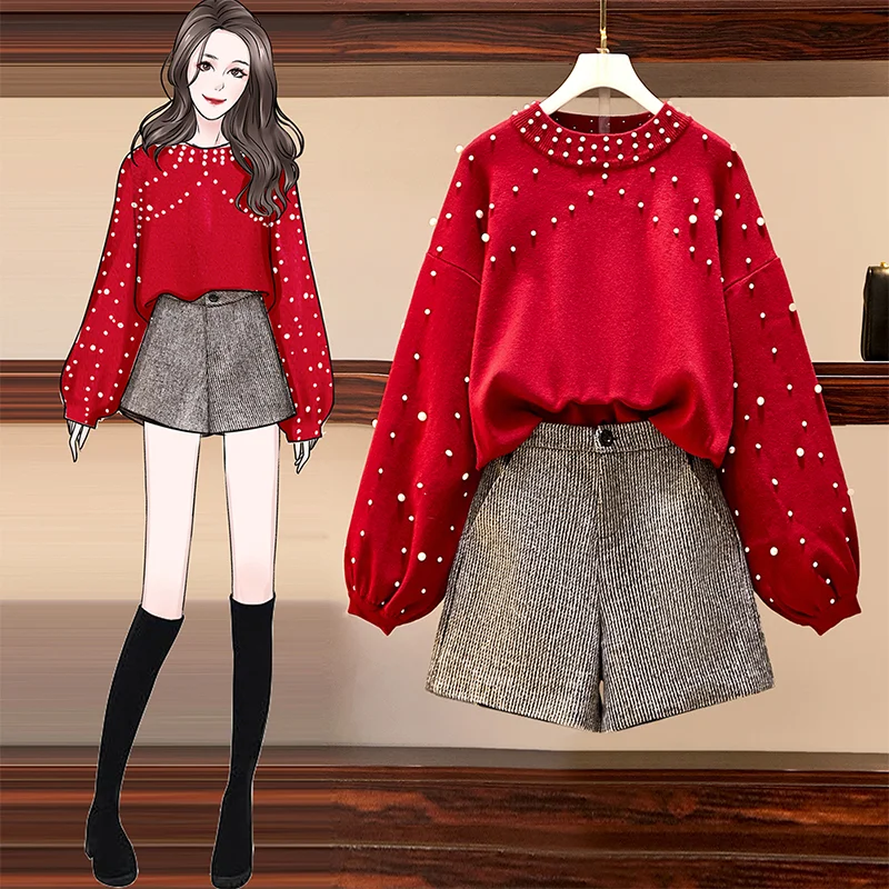 Женский зимний комплект из 2 предметов красный свитер с длинным рукавом и мини