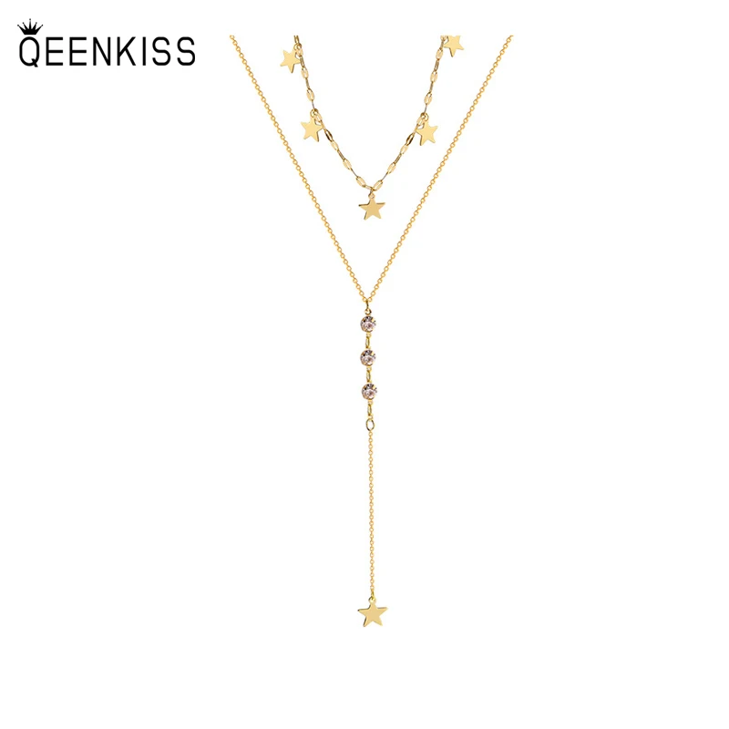 

QEENKISS NC7148 Fine Jewelry Wholesale Fashion Woman Birthday Wedding Gift Double-layer Star Zircon 18KT Gold Pendant Necklace