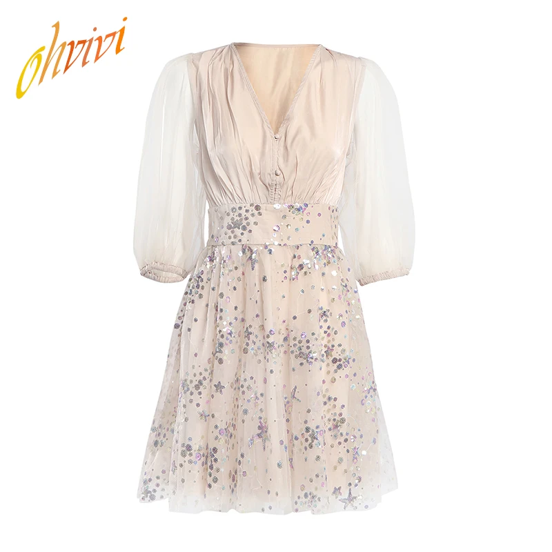 Женское платье выше колена элегантное Сетчатое с блестками длинными рукавами и