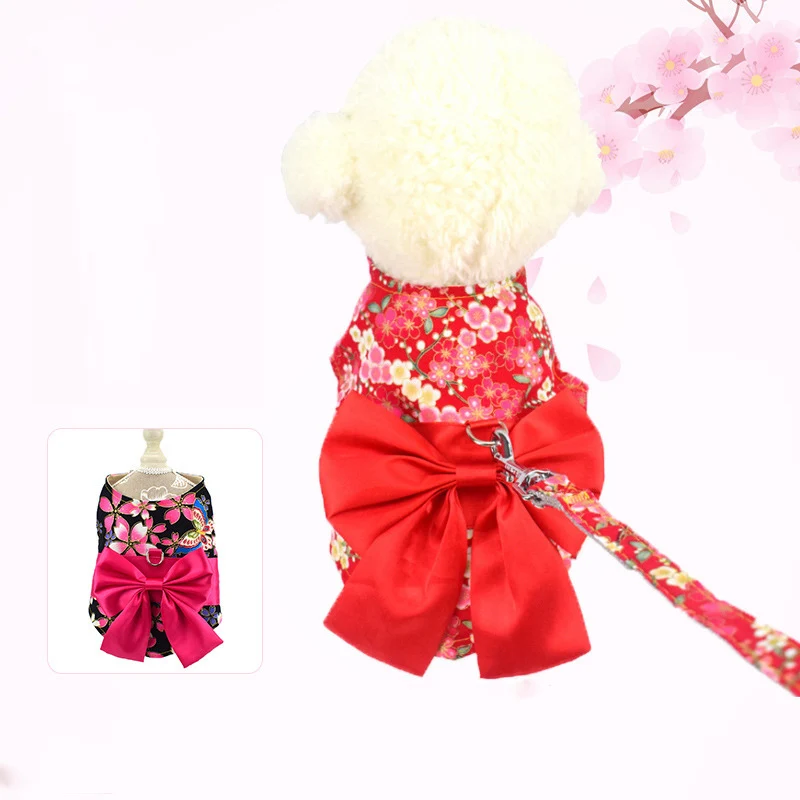 

Soft Bow Pet Puppy Dog Cat Harness Leash Set Japanese-style Floral Pet Vest for Small Medium Dogs Chihuahua Yorkie Teddy S M L