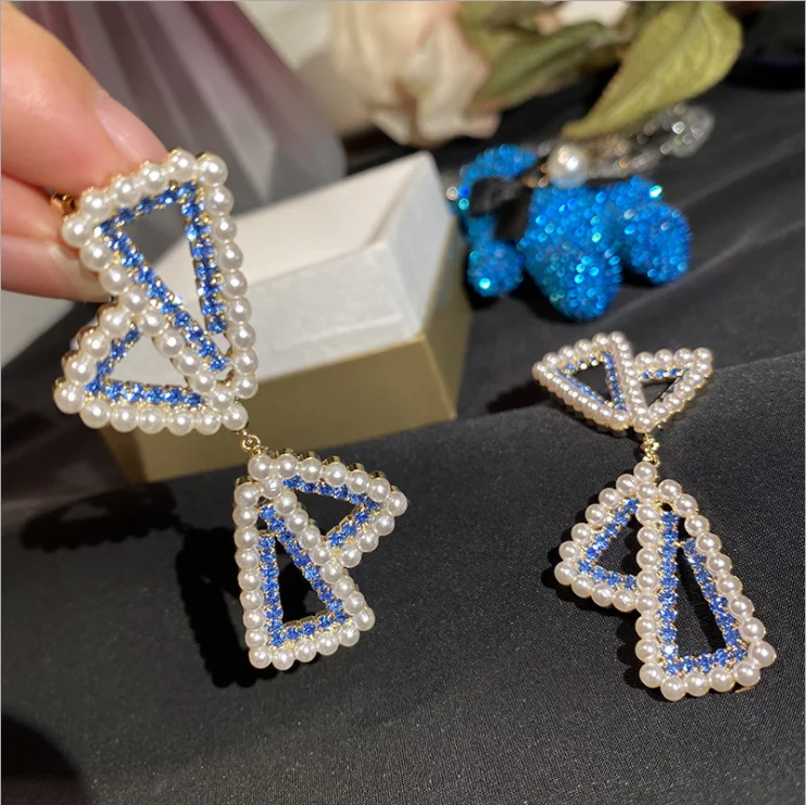 

Fashion triangle stitching pearl earrings female elegant blue zircon earrings