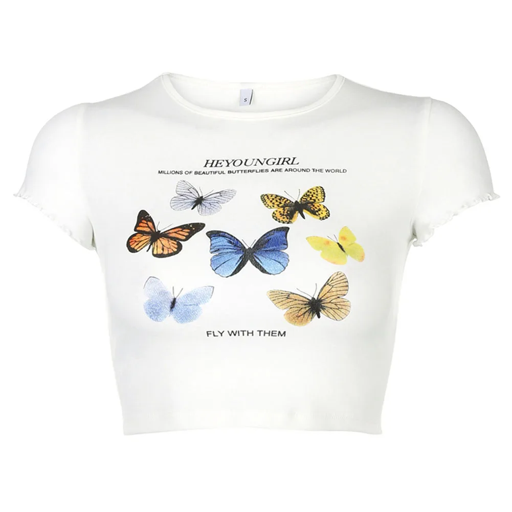 

White Butterfly Printed Women Crop Tops Crew Neck Letter Short Sleeve Tees Navel Crop Top T-shirts
