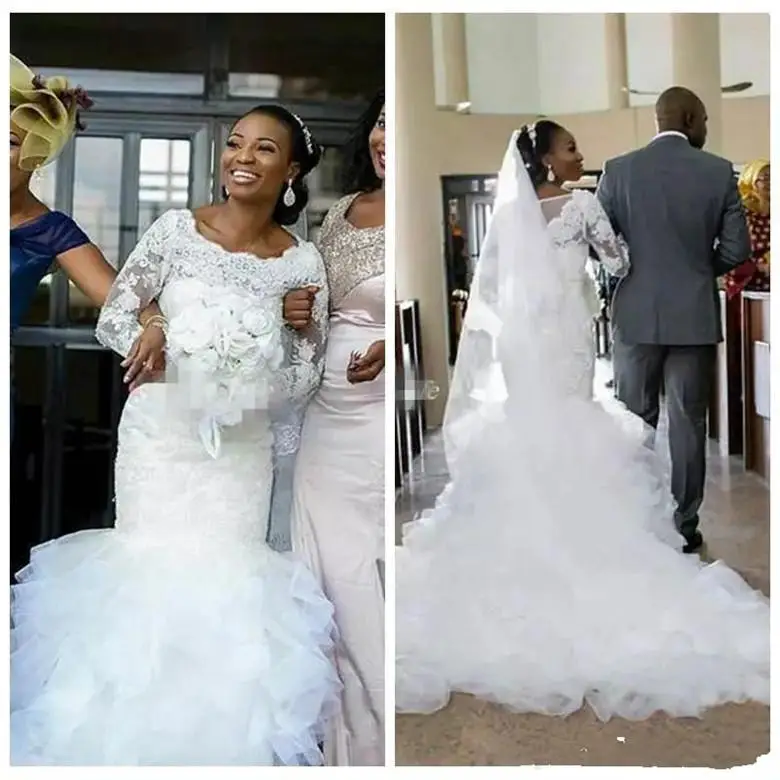 

White Mermaid Wedding Dress Lace Long Sleeves Jewel Neck Zip Back Gorgeous Appliqued Beading Bridal Gowns Ruffle Skirt Plus Size