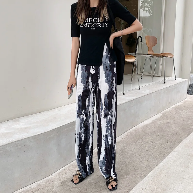 

Limiguyue Summer Tie Dye Elastic Waist Sweatpants Wide Leg Split Jogging Baggy Women Aesthetic Pants Print Sport Trousers K1249