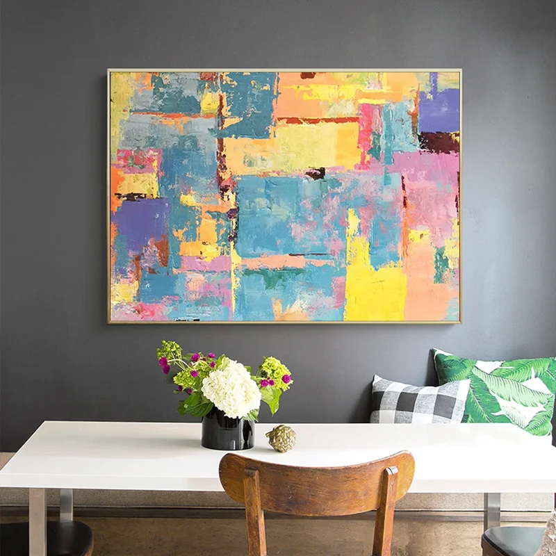 

Handpainted oil painting orange yellow blue powder living room sofa background wall decoration painting bedroom bedside painting