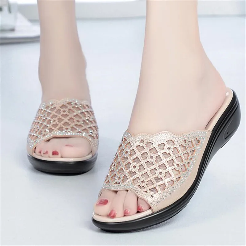 

2020 Newest Summer Microfiber Rhinestone Mesh Thick Bottom Wedge Sandals Fashion Comfort Sandal Slippers Beautiful Women Sandals