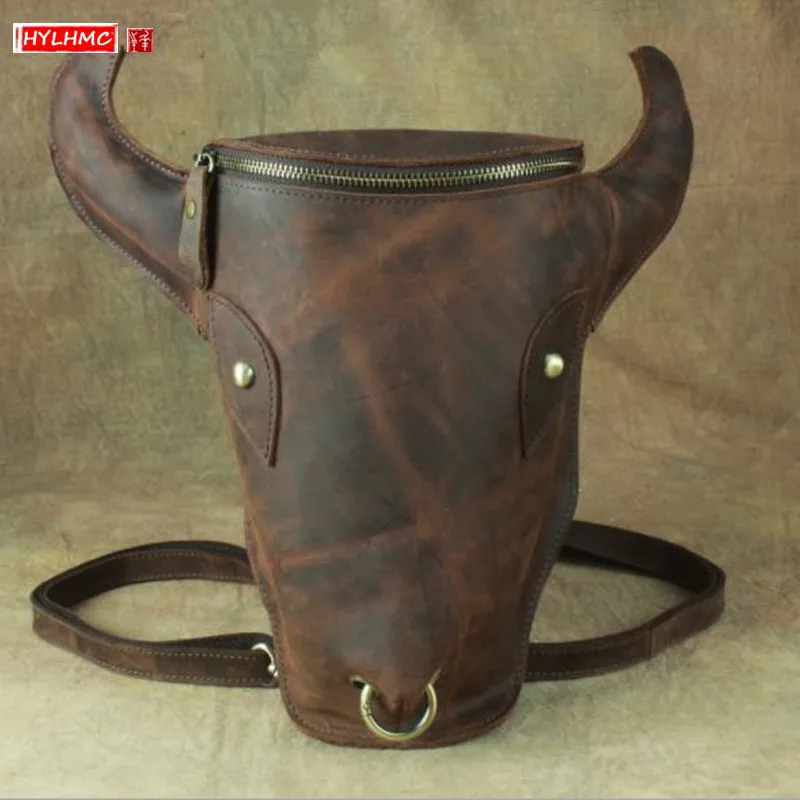 

Bull Head Totem Men Backpacks Men and Women Shoulder Bag Crazy Horse Leather Backpack Vintage Original Handmade Genuine Leather