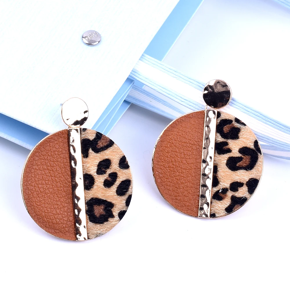 

Fashion Ellipse Leopard Earrings Women Cute Colorful Fur Gold Color Pendant Dangle Earrings For Women leather earrings Jewelry