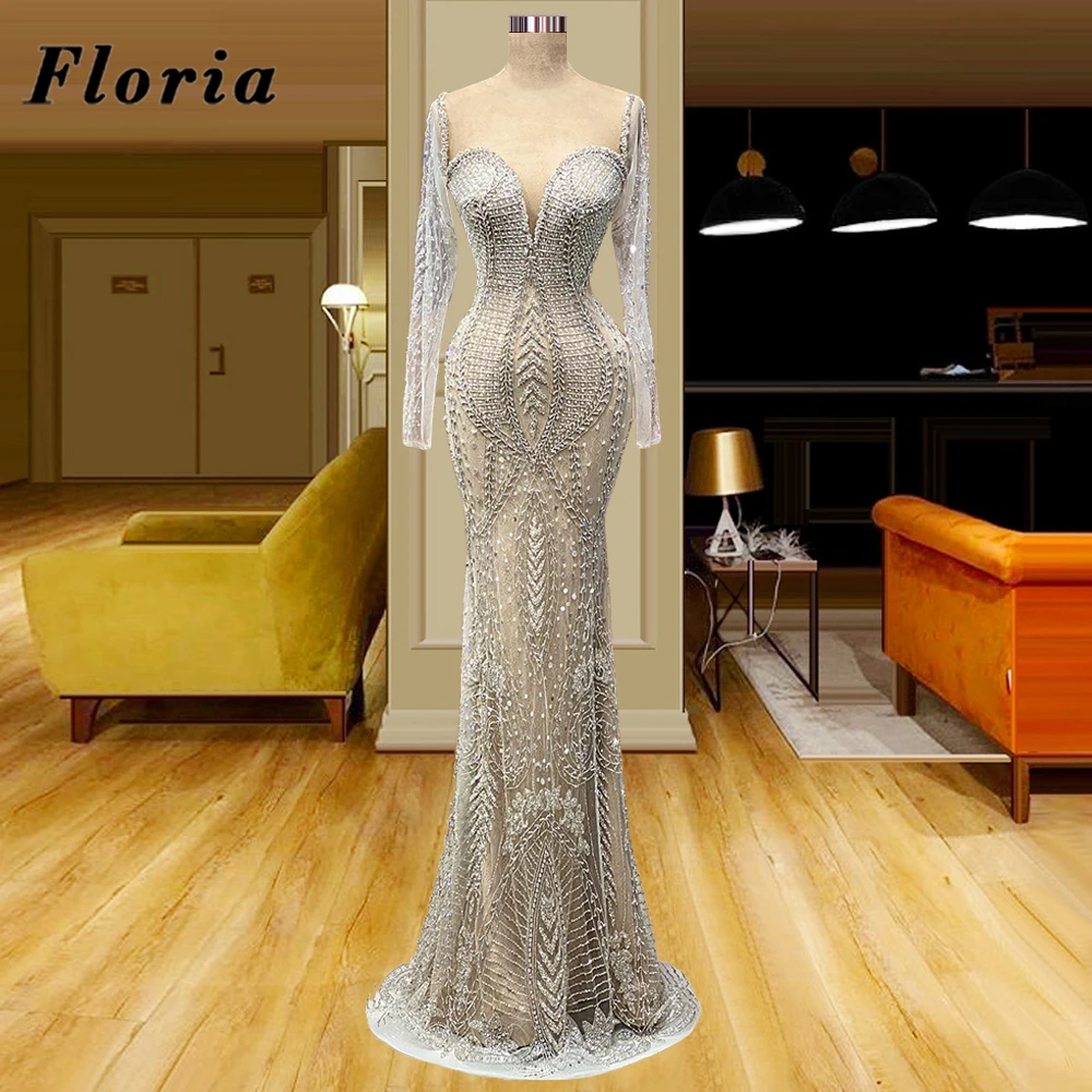 

Floria Vintage Arabic Long Sleeves Evening Dresses Dubai Couture Mermaid Beaded Formal Gowns 2022 Vestidos Wedding Party Dress