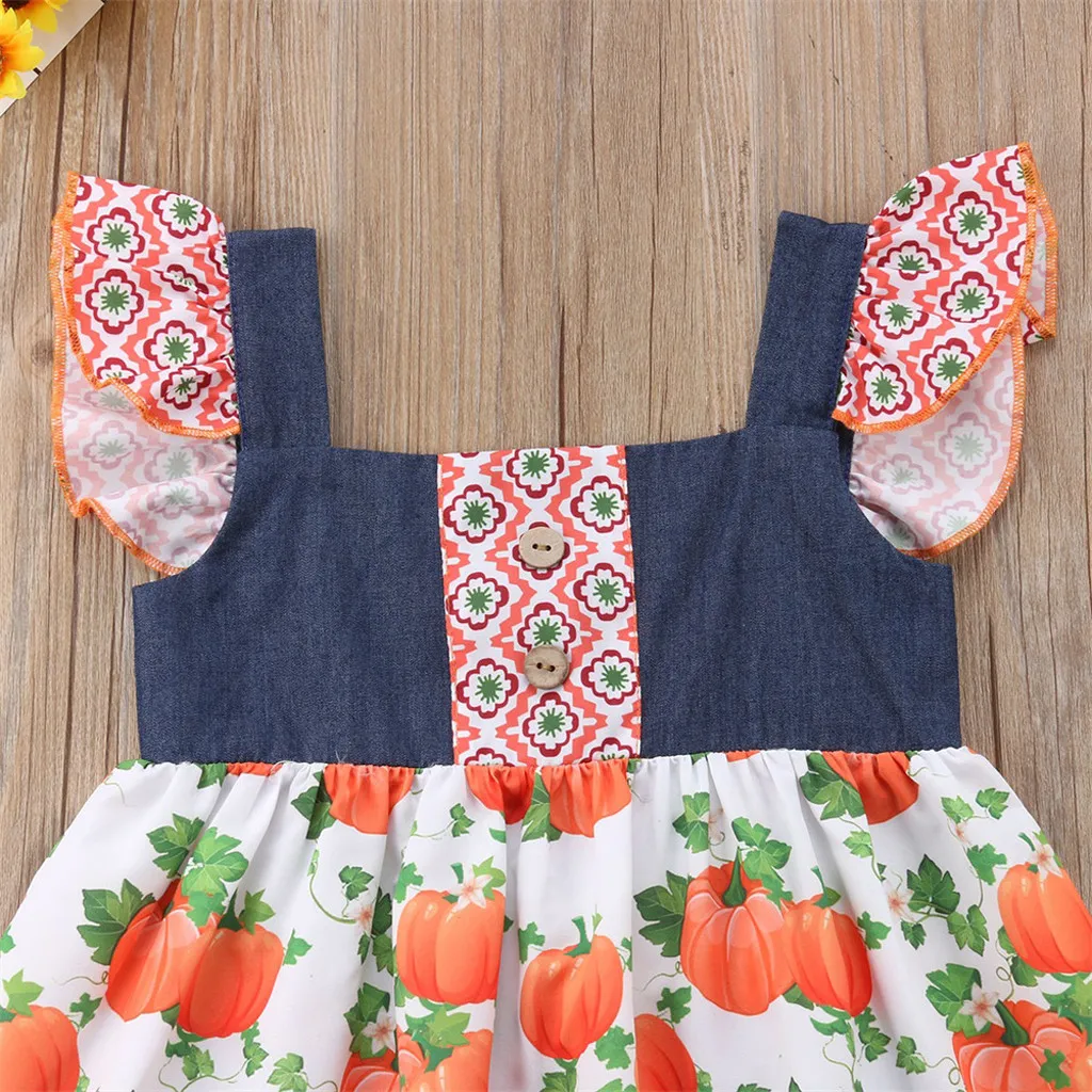 Детское платье с рюшами и принтом тыквы на Хэллоуин для маленьких девочек одежда