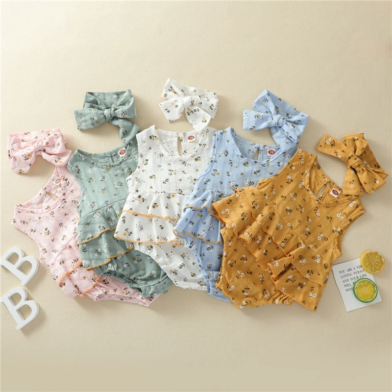 

2Pcs Baby Floral Bodysuits Print Clothes Girls Sleeveless Ruffle Hem O-neck Bodysuit + Bow-knot Headband Newborn Girls Clothing