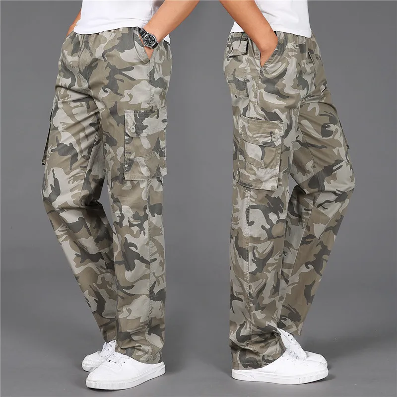 

Camouflage Straight Pants For Men 2021 Fashion Cotton Overalls Elastic Waist Multi-Pocket Casual Trousers Male Cargo Sweatpants