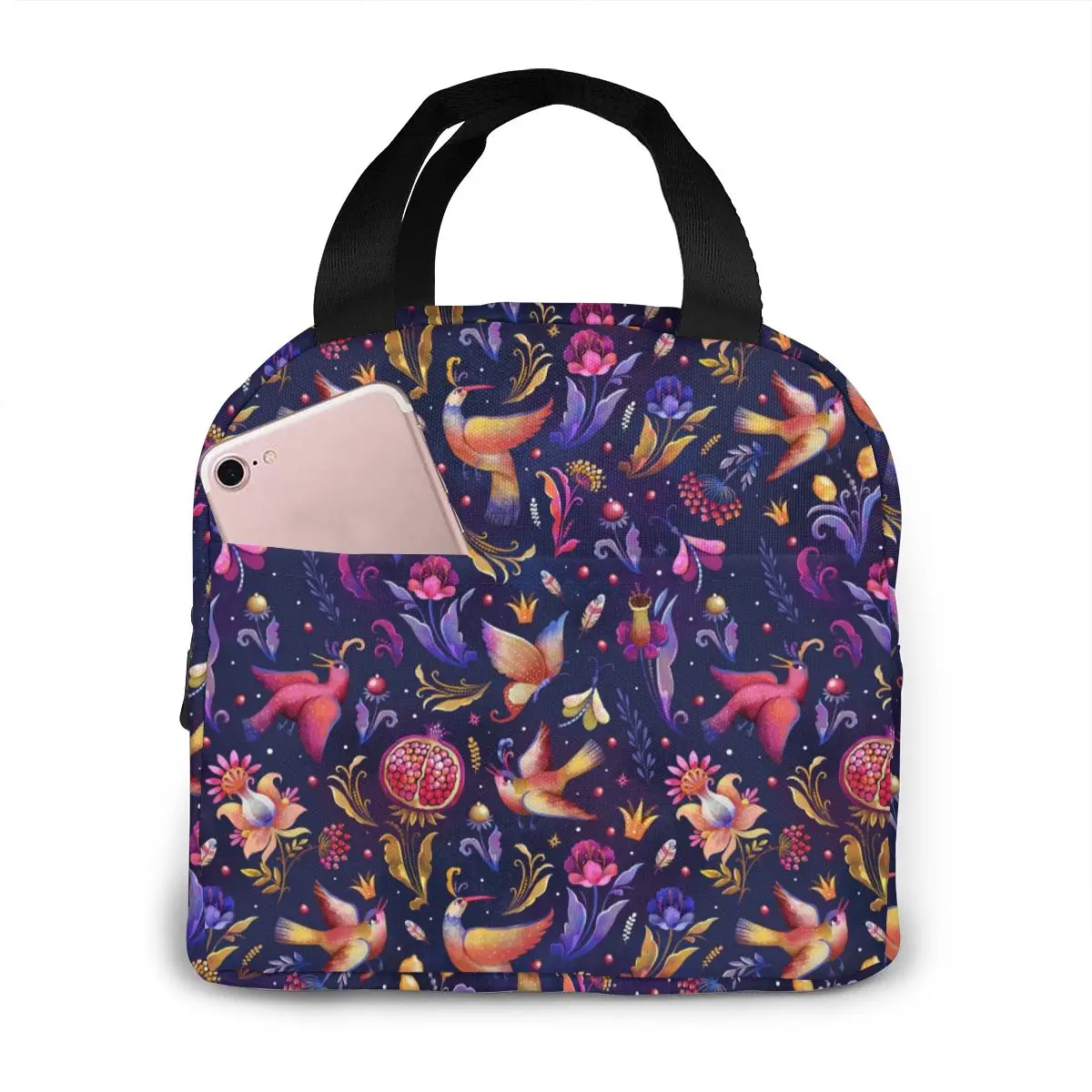 

Pomegranate Birds Flowers Cooler Lunch Box Portable Insulated Lunch Bag Thermal Food Picnic Lunch Bags