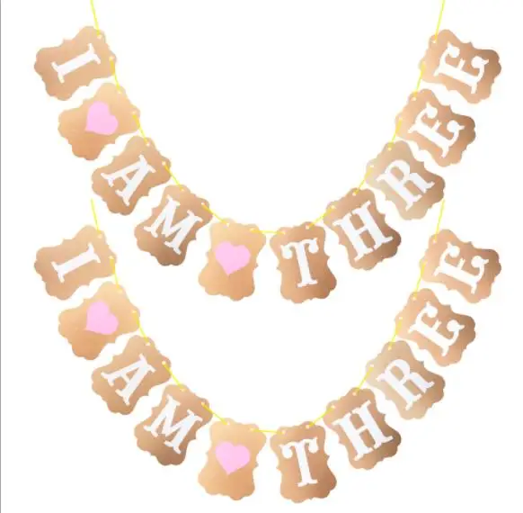 i am three pink Баннеры-Декорации для вечеринки в честь первого дня рождения с помпоном на 1 год для новорожденных - Цвет: i am three pink