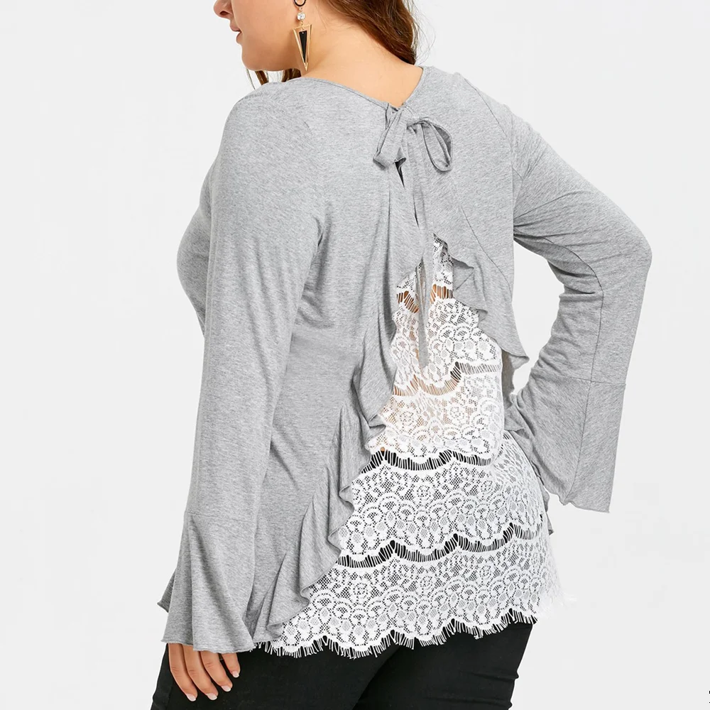 Осенняя кружевная женская футболка с длинным рукавом топ в стиле пэчворк серого