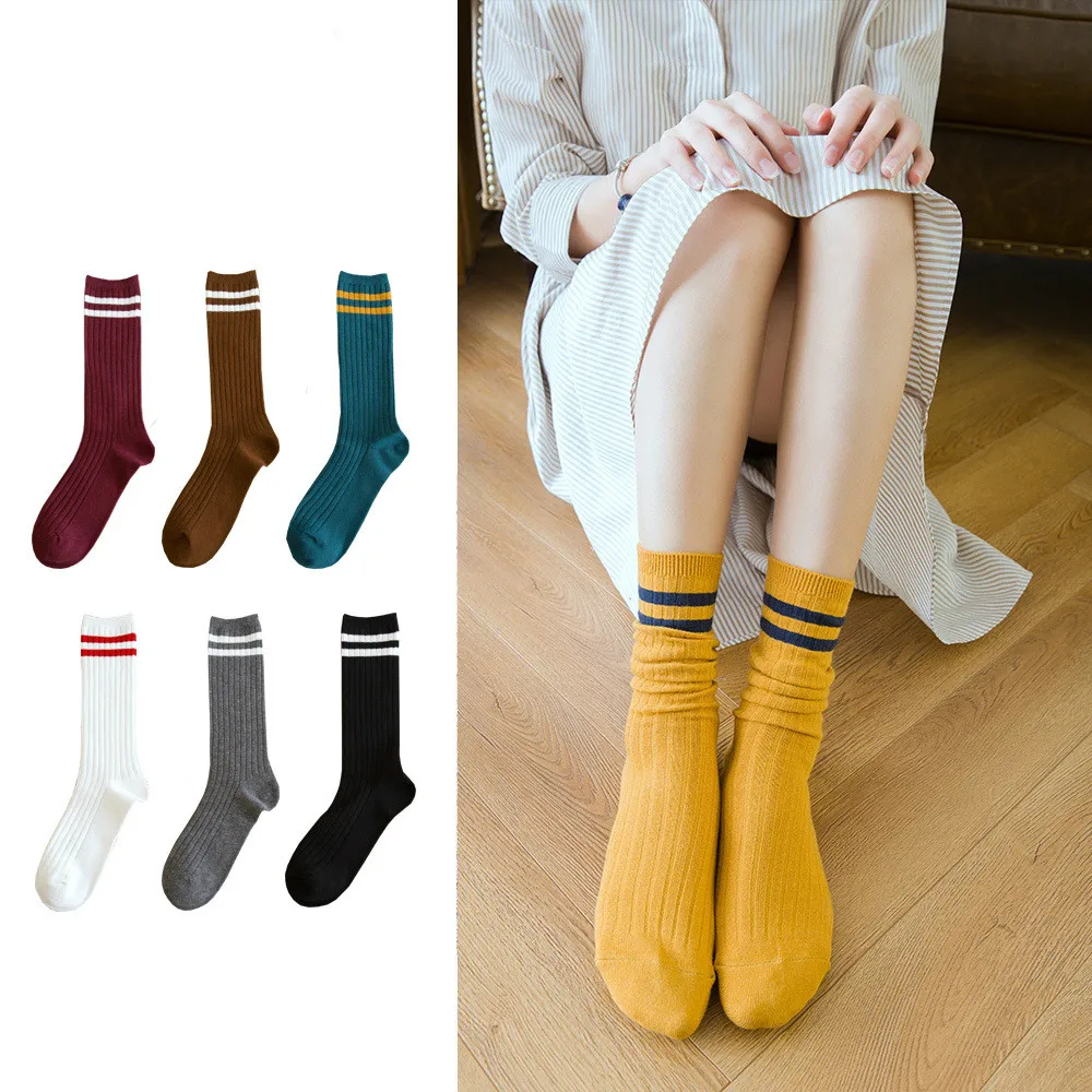

Streetwear Fahiion Cotton Long Socks Women with Stripes Japanese Style Simple Calf Cute Socks Winter Autumn 184