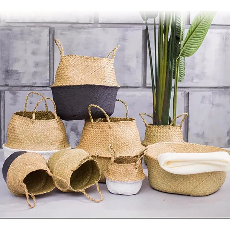 

Bamboo Storage Baskets Planter Pot Foldable Straw Patchwork Wicker Rattan Seagrass Belly Garden Flower Pot Planter Basket