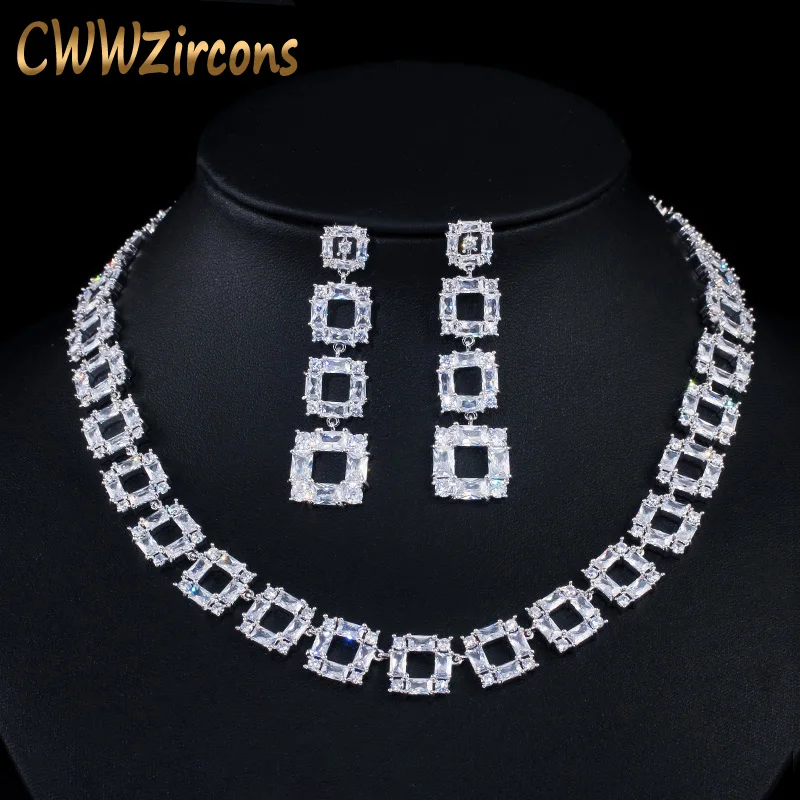 

CWWZircons Gorgeous Long Square Drop Party Costume Earrings and Necklace Cubic Zircon Wedding Bride Jewelry Sets for Women T355