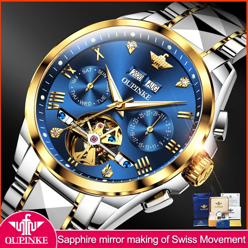 

OUPINKE Brand Automatic Mechanical Men Watch Waterproof Skeleton Noctilucent Watch Tourbillon Design Mechanical Men's Watch Gift