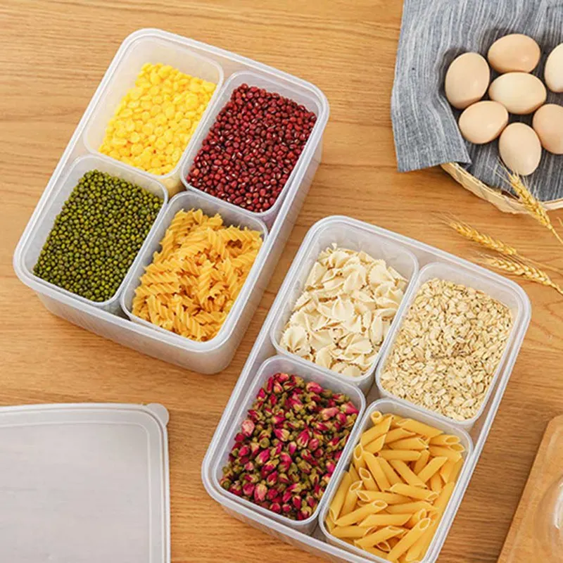

Reusable 4-Compartment Plastic Sealed Cans Kitchen With Cover Food Storage Box Canister Fridge Storage Box For Cereals Grains