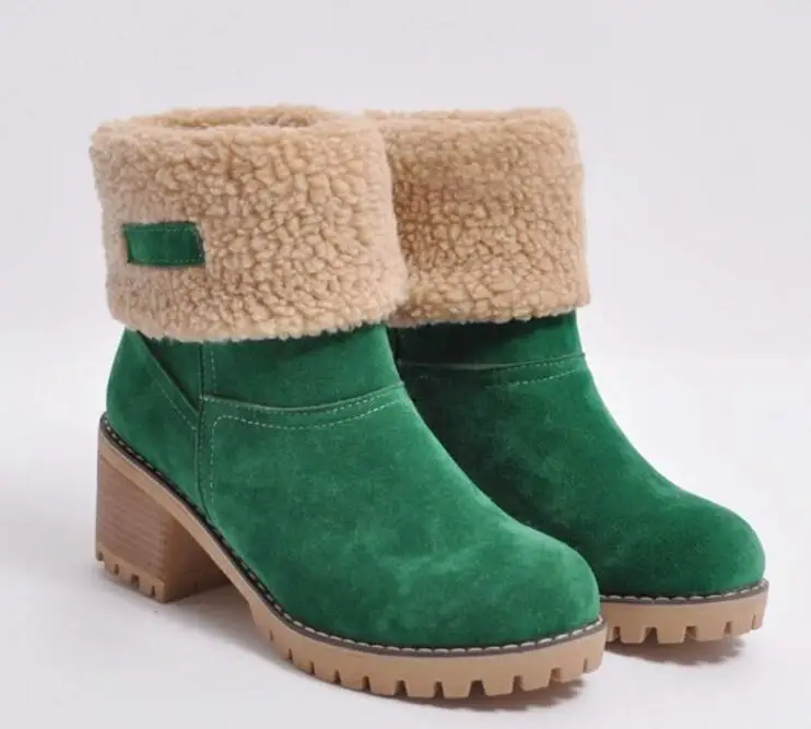 green Женские зимние ботинки на высоком квадратном каблуке; chaussure; теплая женская обувь на меху; zapatos mujer sapato; ботинки до середины икры; XZ180051 - Цвет: green