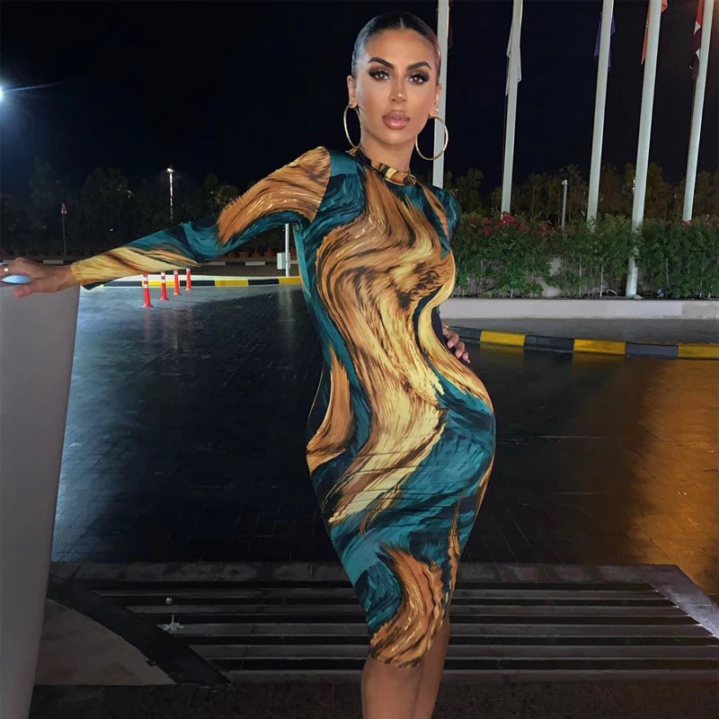 

2020 Long Sleeve Print Bodycon Sexy Dress Autumn Winter Women Party Elegant Slim Christmas Club Outfits